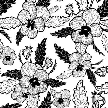 Vector black line pansy pattern on white background. Floral vector repeat Illustrazione stock
