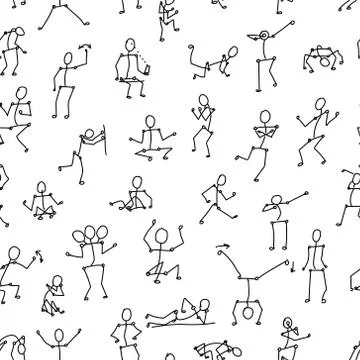 Vector black line seamless pattern with people bodies in different poses on w Stock Illustration