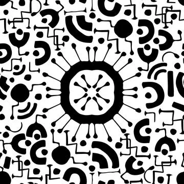 Vector black line virus print illustration. Seamless pattern on white background Illustrazione stock