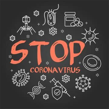 Vector black linear concept of coronavirus - STOP sign Stock Illustration