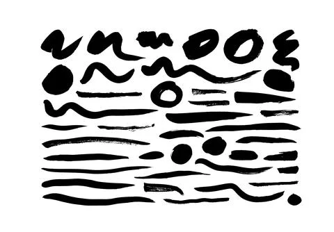 Vector black lines, ink brush strokes and circles. Stock Illustration