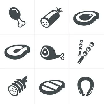 Vector black meat and sausage icon set on white Illustrazione stock