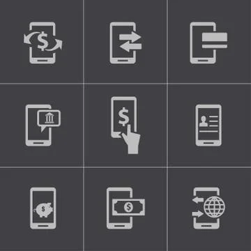 Vector black mobile banking icons set Illustrazione stock