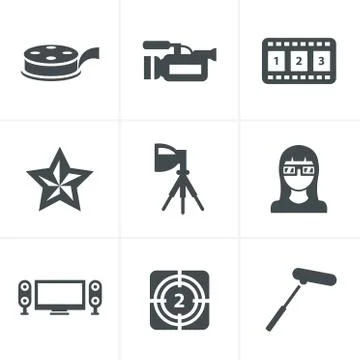 Vector black movie icon set on gray Stock Illustration