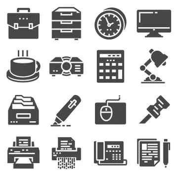 Vector black office icons set Stock Illustration