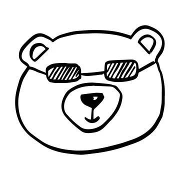 Vector black outline flat cartoon doodle cool bear face with glasses isolated on Stock Illustration