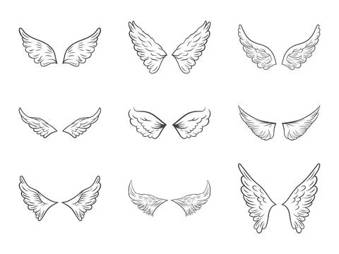 Vector Black Outline Wing Icon Set Isolated on White Background. Linear Vintage Illustrazione stock