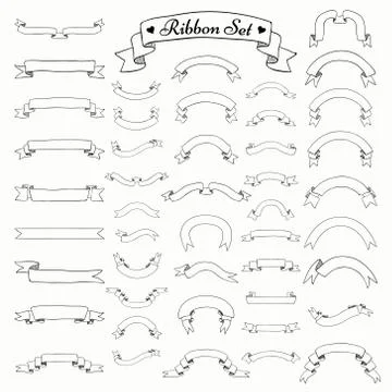 Vector Black Outlined Hand Drawn Ribbons, Banners Set Stock Illustration