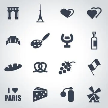 Vector black paris icon set Illustrazione stock