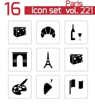 Vector black paris icons set Illustrazione stock