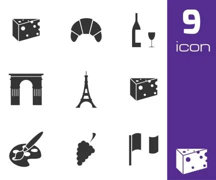 Vector black paris icons set Stock Illustration