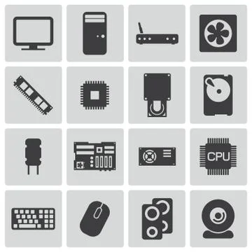 Vector Black  PC Components Icons Set Stock Illustration
