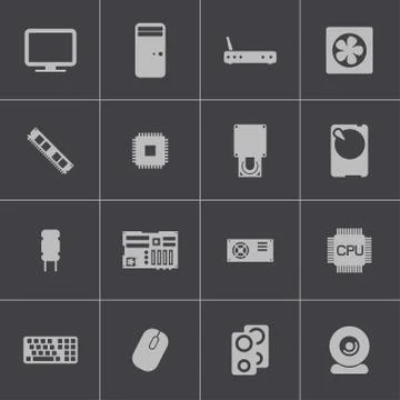 Vector black  PC components  icons set Stock Illustration