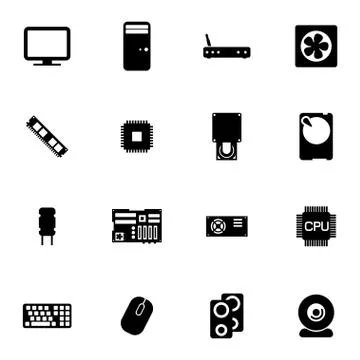 Vector black  PC components  icons set Stock Illustration