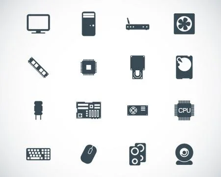 Vector black  PC components  icons set Stock Illustration