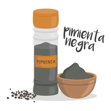 Vector black pepper illustration isolated in cartoon style. Spanish name. H.. Stock Illustration