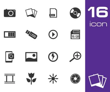 Vector black photo icon set Stock Illustration