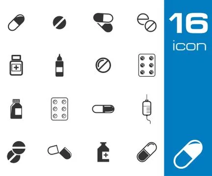 Vector black pills icon set Stock Illustration