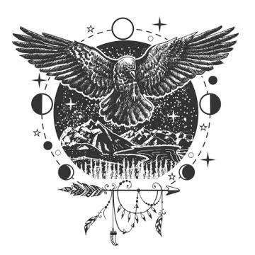 Vector black raven tattoo or t-shirt print design Stock Illustration