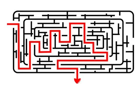 Vector Black Rectangle Rounded Corner Maze, Red Line from in to out with arro Stock Illustration