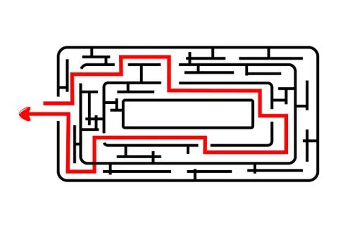 Vector Black Rectangle Rounded Corner Maze, Red Line from in to out with arro Stock Illustration