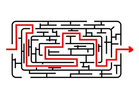Vector Black Rectangle Rounded Corner Maze, Red Line from in to out with arro 스톡 일러스트