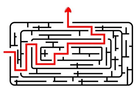 Vector Black Rectangle Rounded Corner Maze, Red Line from in to out with arro Stock Illustration