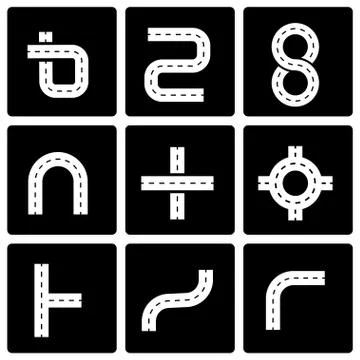 Vector black road elements icon set Illustrazione stock