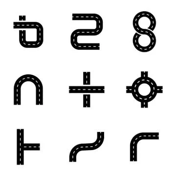 Vector black road elements icons set Illustrazione stock