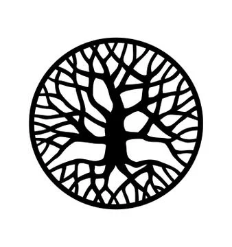 Vector black round tree with roots and branches outline silhouette drawing Stock-Illustration