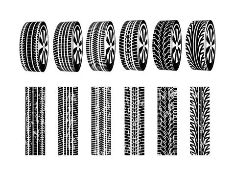 Vector black rubber tyre texture. Black tire design car texture silhouette Stock Illustration