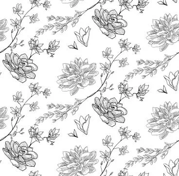 Vector Black Seamless Pattern with Drawn Flowers, Branches, Plants Stock Illustration