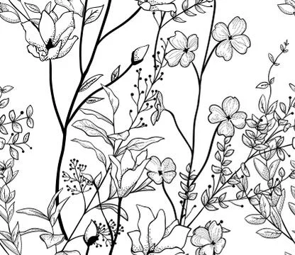 Vector Black Seamless Pattern with Drawn Flowers, Branches, Plants Stock Illustration