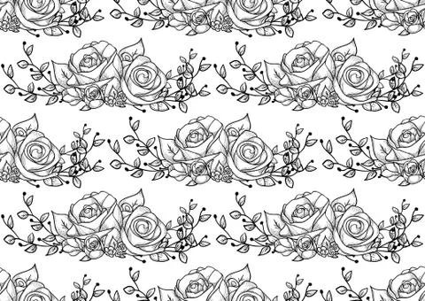 Vector Black Seamless Pattern with Drawn Flowers, Roses with Branches Stock Illustration