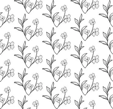 Vector Black Seamless Pattern with Drawn Flowers, Branches, Plants Stock Illustration