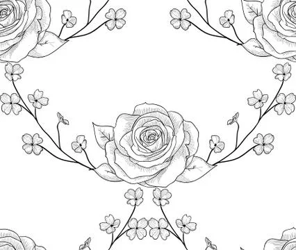 Vector Black Seamless Pattern with Drawn Flowers, Roses with Branches Stock Illustration