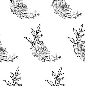 Vector Black Seamless Pattern with Drawn Flowers Stock Illustration