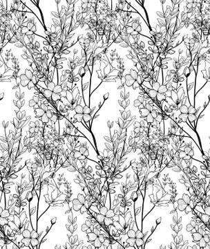 Vector Black Seamless Pattern with Drawn Flowers, Branches, Plants Stock Illustration