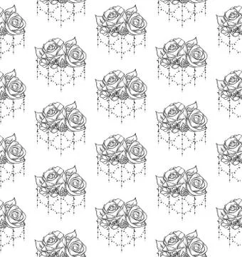 Vector Black Seamless Pattern with Drawn Flowers, Roses with Beads Stock Illustration