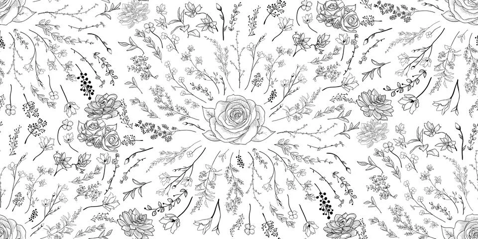 Vector Black Seamless Pattern with Drawn Flowers, Branches, Plants Stock Illustration