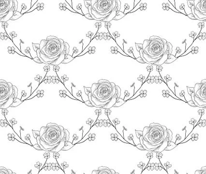 Vector Black Seamless Pattern with Drawn Flowers, Roses with Branches Illustrazione stock