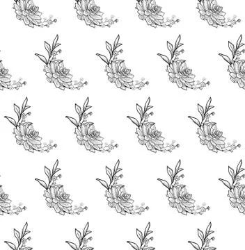 Vector Black Seamless Pattern with Drawn Flowers Stock Illustration