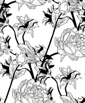 Vector Black Seamless Pattern with Drawn Flowers, Peony Stock Illustration