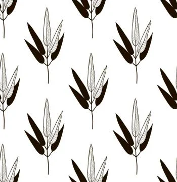 Vector Black Seamless Pattern with Drawn Bamboo Leaves Stock Illustration