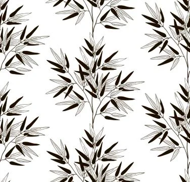Vector Black Seamless Pattern with Drawn Bamboo Leaves イラスト素材