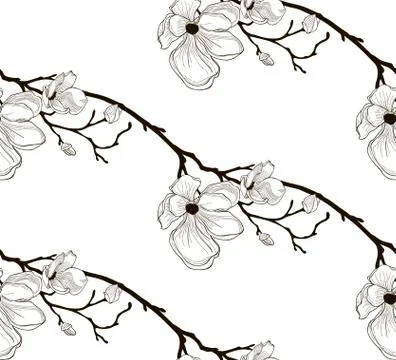 Vector Black Seamless Pattern with Drawn Cherry Flowers Stock Illustration