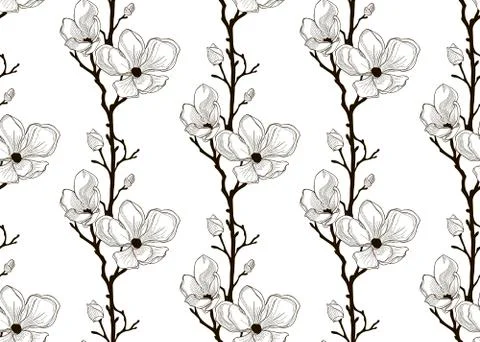 Vector Black Seamless Pattern with Drawn Cherry Flowers Stock Illustration