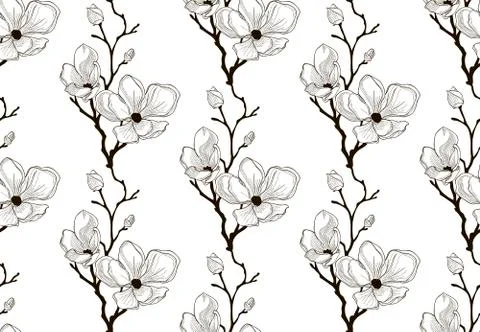 Vector Black Seamless Pattern with Drawn Cherry Flowers Stock Illustration