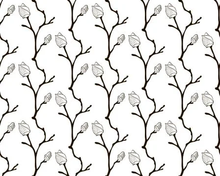 Vector Black Seamless Pattern with Drawn Cherry Flower Buds Stock Illustration