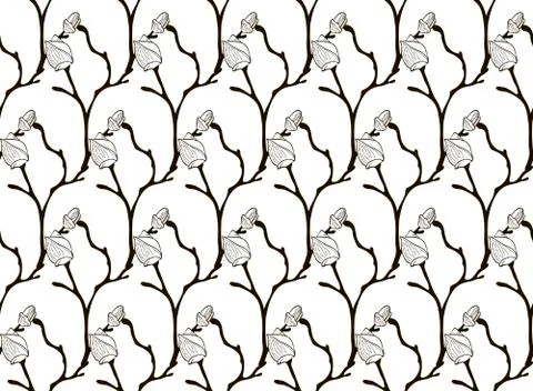 Vector Black Seamless Pattern with Drawn Cherry Flower Buds Stock Illustration